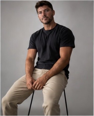 Albert Rowling seated portrait in a black t-shirt and chinos