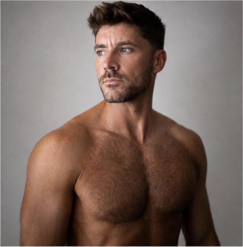 Albert Rowling, male model, studio portrait showing physique