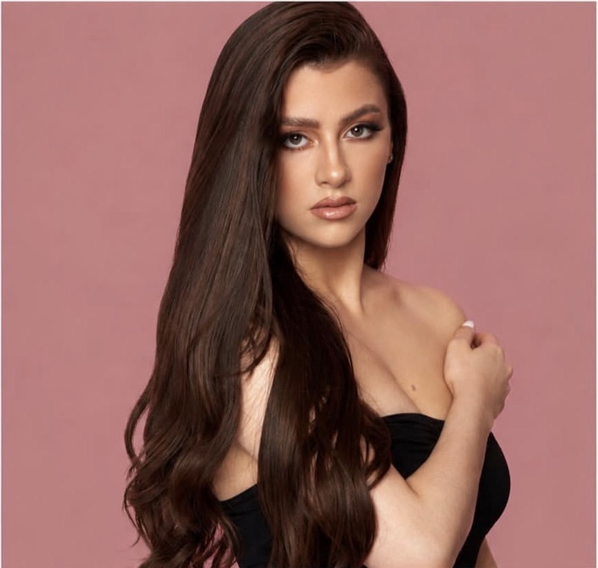 Francesca D, female model, editorial portrait with long dark brown hair